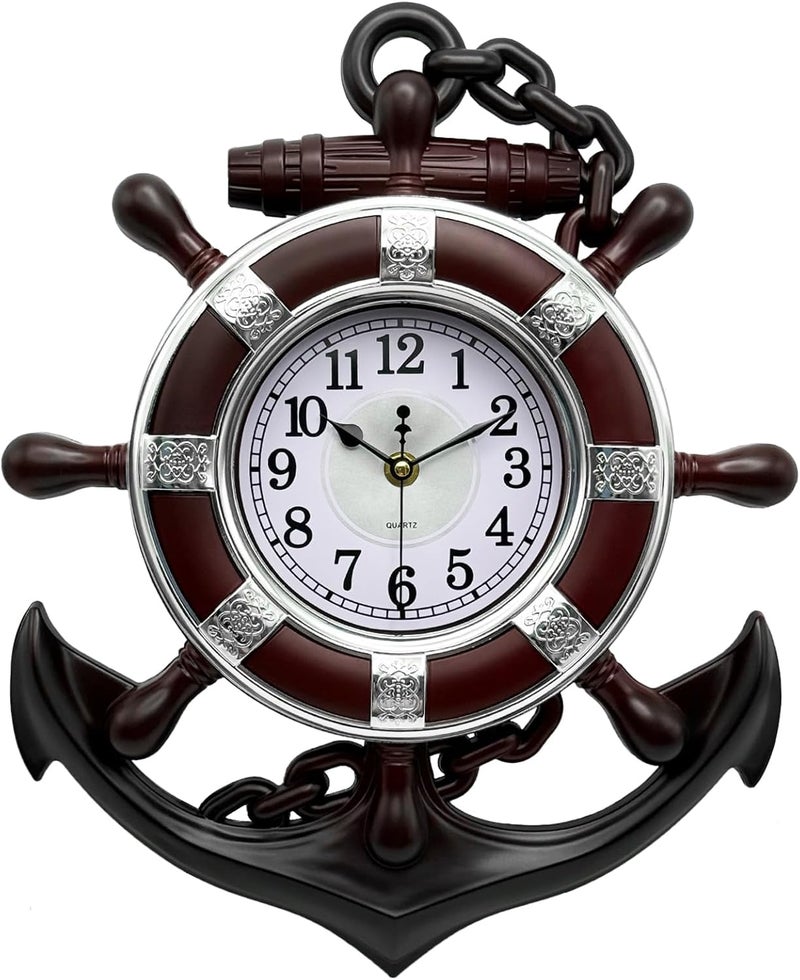 SENYURI Anchor Outdoor Clock, Nautical Ship Wheel Rudder Wall Clock, Beach Sea Style Decorative Clock for Patio, Pool, Porch (Silver + Dark Red) - Image 1